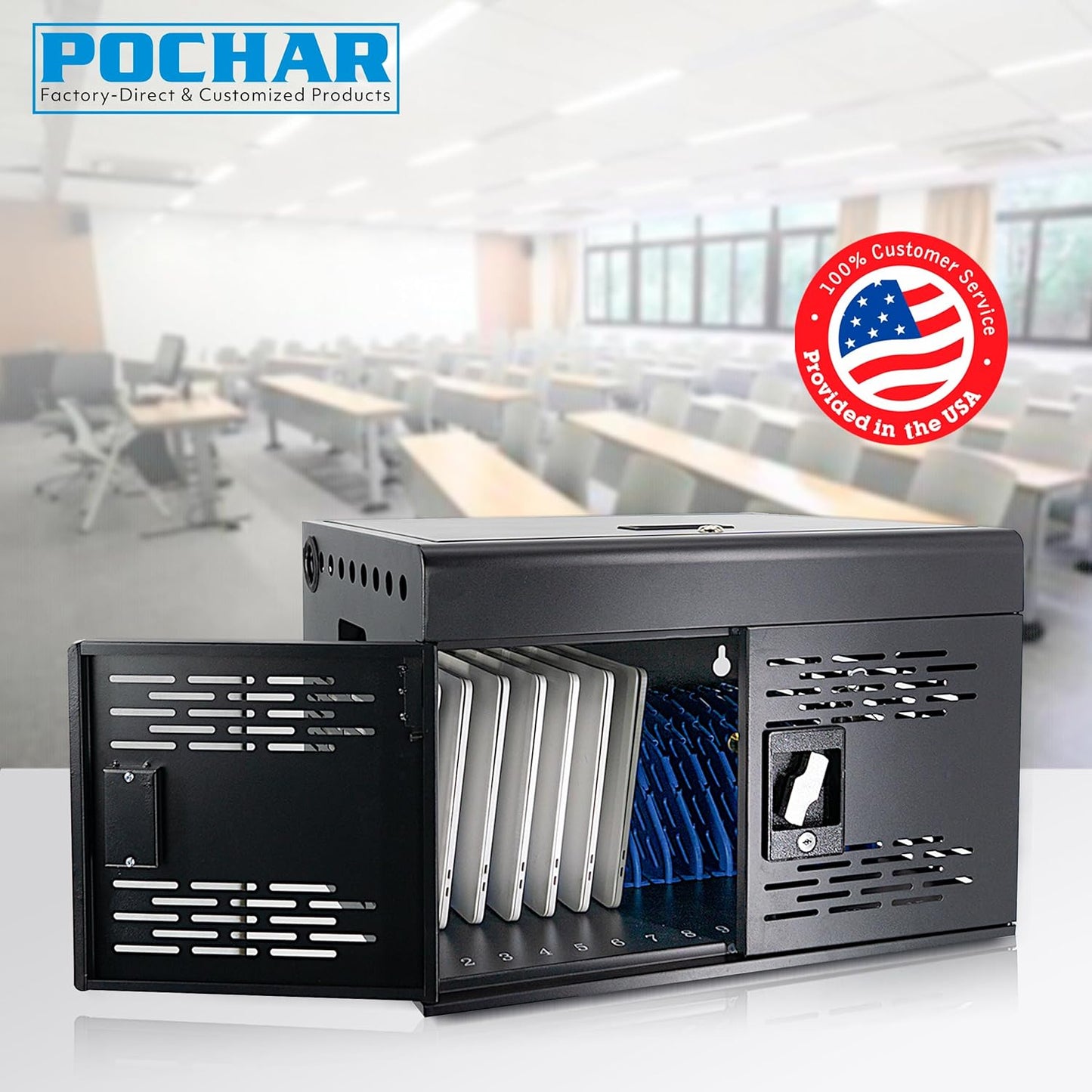 POCHAR 16-Device Charging Cabinet for Laptops & Tablets - Laptop Lock Box for Chromebook, iPad - Locking Laptop Charging Station for Classroom Office Library -Tablet Storage Box with Cable Management