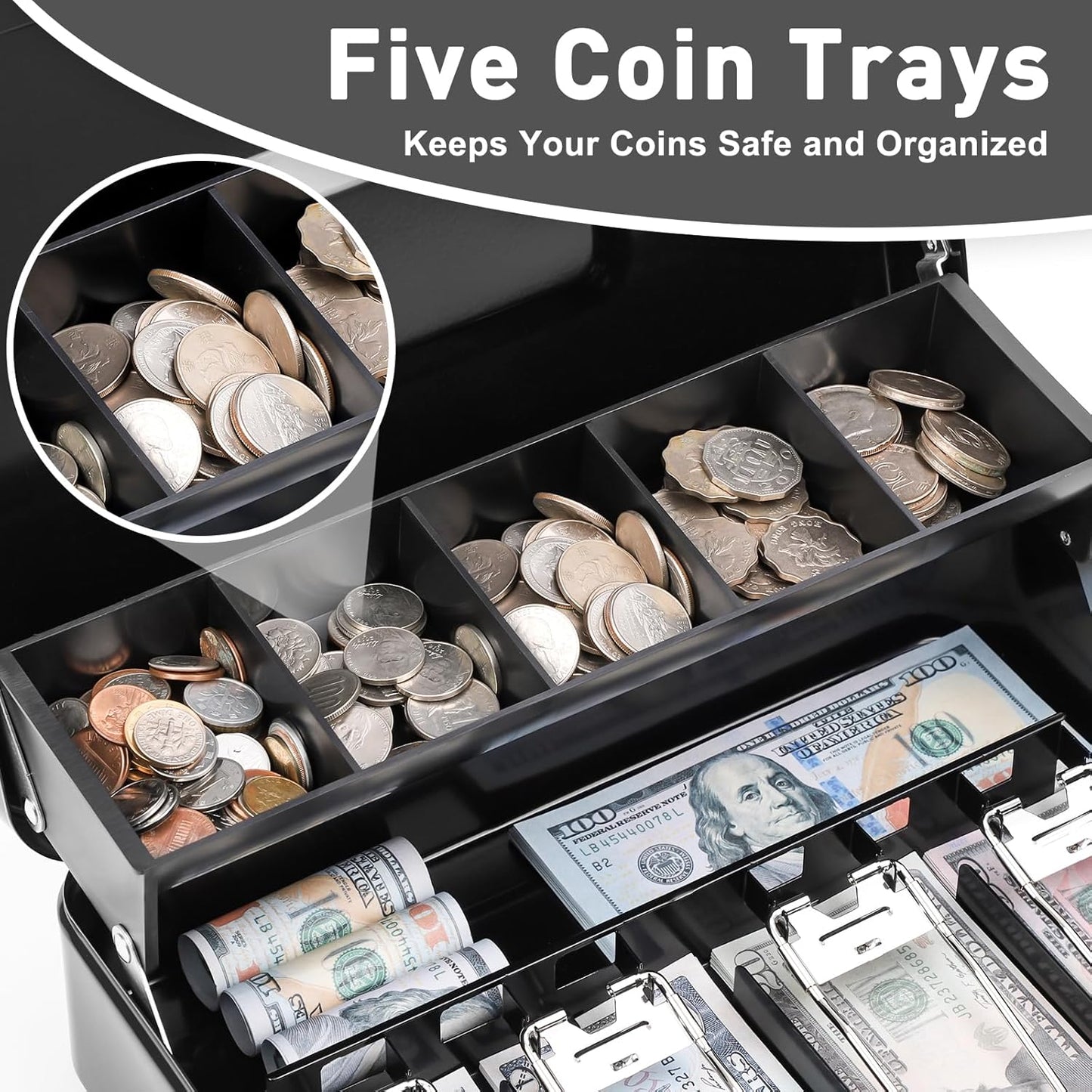 KYODOLED Locking Cash/Money Saving Organizer Box with Lock Safe with Key and Cash Tray, Black, 11.81Lx 9.45Wx 3.54H inches, XL Large