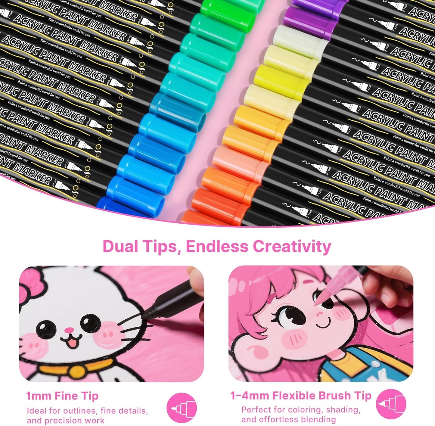 Tongfushop 120 Colors Acrylic Paint Markers, Dual Fine & Brush Tip Paint Pens with 12 Metallics, Fast-Dry, Case for Rock Painting, Canvas, Wood, Ceramic, Glass, Adult & DIY Art Supplies