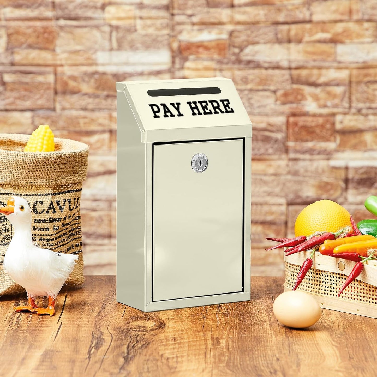 Safe Cash Box Money Collection Metal Donation Box with Lock Wall Mount Pre Drilled Mailbox Delivery Ballot for Home Office Outdoor Self Serve Stand (Beige,10.2 x 5.7 x 2.8 Inch)