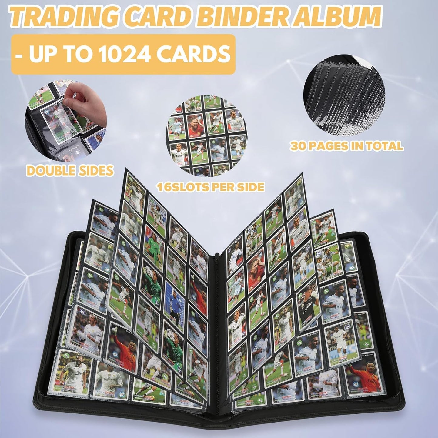 Trading Card Binder 16 Pocket, GERMUN PU Cover Card Binder for 1000+ Cards, Premium Trading Card Holder Folders, Double Sided Pocket Card Album for MTG, TCG (Carbon Black)
