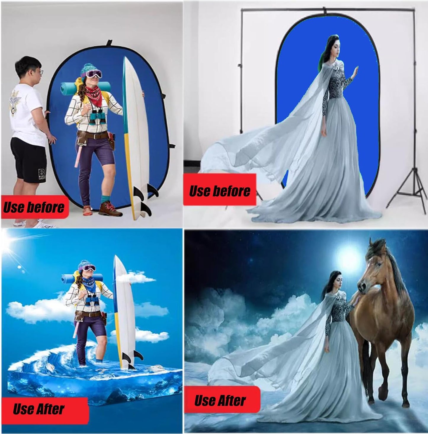 3.3x5ft/1x1.5m Chromakey Backdrop, 2-in-1 Blue Screen and Grey Screen, Collapsible Reversible Pop Up Background for Photography Studio, Live Streaming, Video Shooting (Blue/Gray)