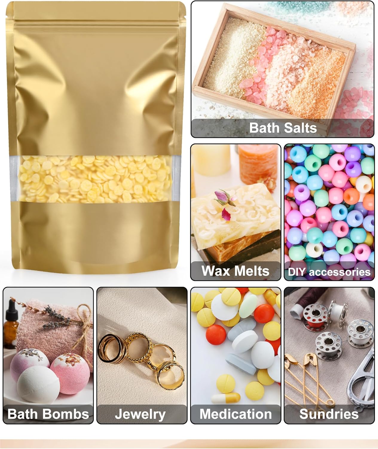 FireKylin 100 Pack Smell Proof Bags 5.5" x 7.8", Resealable Bags with Matte Window, Foil Pouch Stand Up Sealable Bags for Packaging（Gold）