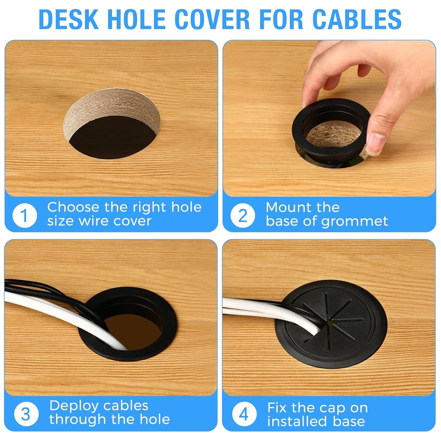 Desk Grommet 2-1/16" (53 mm), Desk Hole Cover for Cables White and Black, Cable Grommet ABS Plastic, Desk Hole Grommet for Office and Home Table Cable, Flexible Cable Cord Organizer-2 Pcs