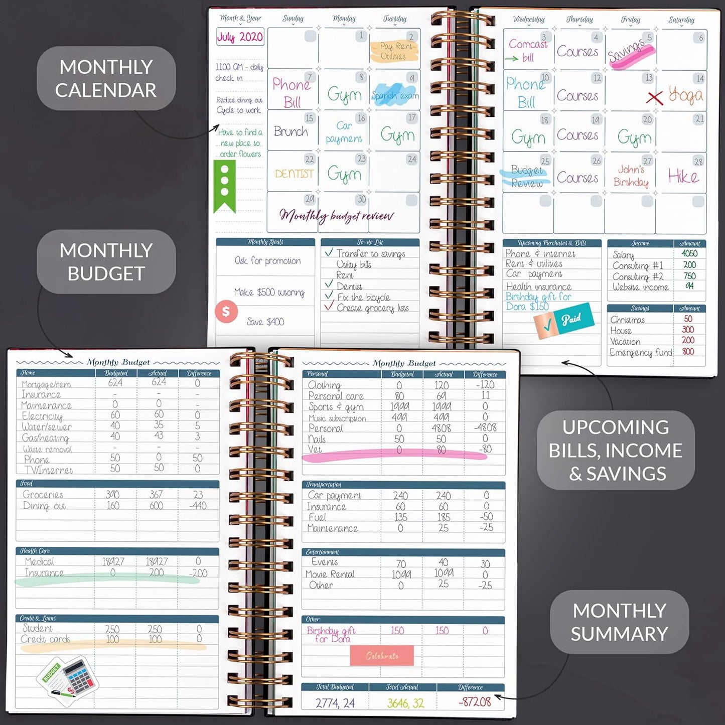 GoGirl Budget Planner & Monthly Bill Organizer – Monthly Financial Book with Pockets. Expense Tracker Notebook Journal, Compact (Black)