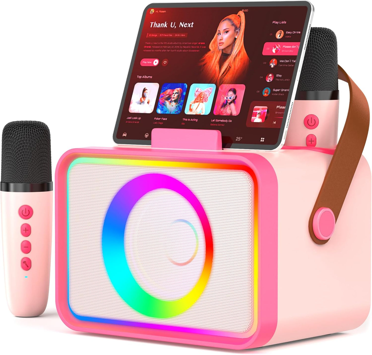 Karaoke Machine,Portable Bluetooth Speaker with 2 Wireless Microphone for Adults & Kids with LED Lights, Karaoke Microphone with PA System Supports USB/TF/AUX,Gift for Party (Pink Red)