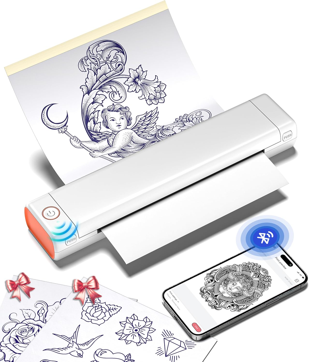 Phomemo Tattoo Stencil Printer, M08F Wireless Thermal Tattoo Printer with 10pcs Transfer Paper, Compatible with Phone/Tablet/PC, Tattoo Supplies for Tattoo Artists & Beginners, White & Orange
