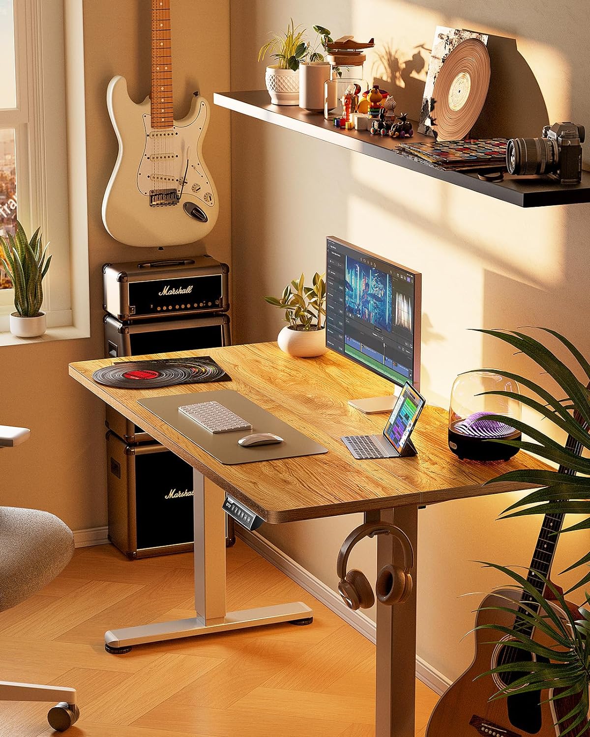 ErGear Height Adjustable Electric Standing Desk, 48 x 24 Inches Sit Stand up Desk, Memory Computer Home Office Desk with Two-Piece Desktop (Light Vintage Brown)