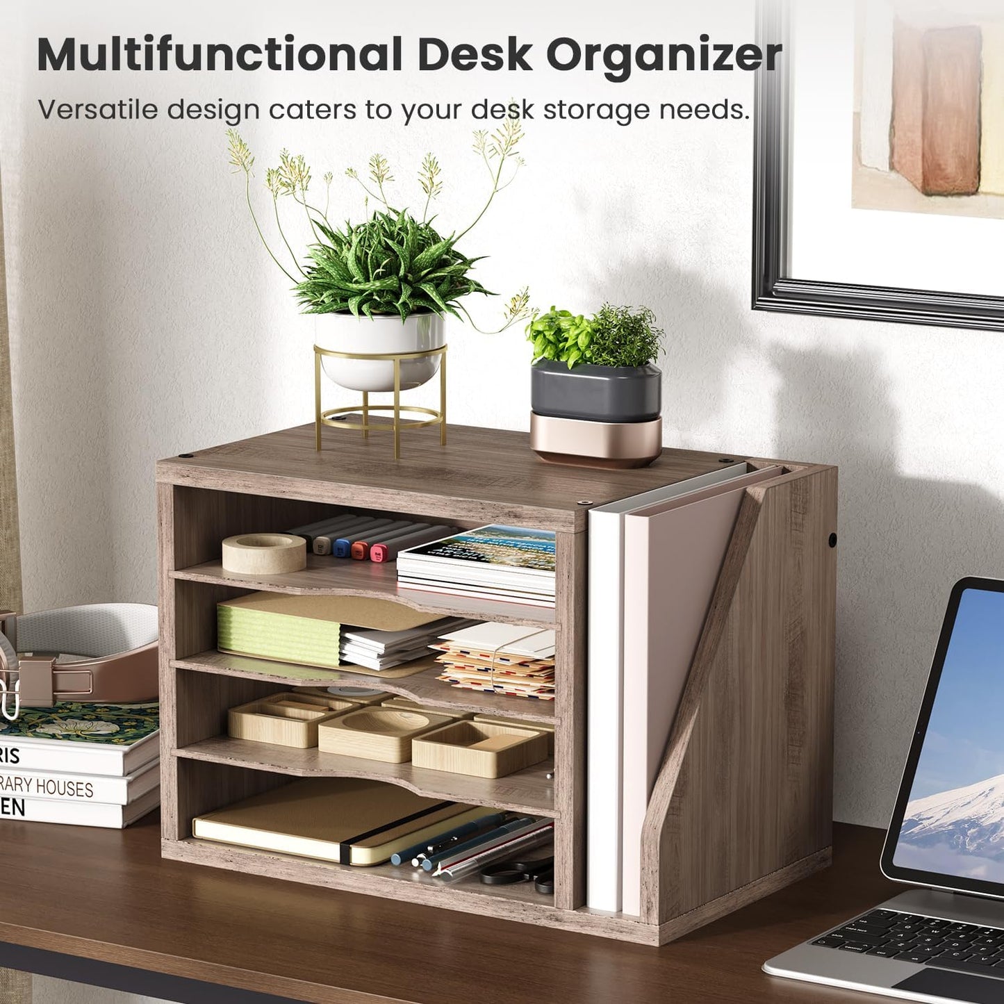 File Organizer Desktop, Wood Desk Organizer with 3 Adjustable Shelves, Mail Paper Sorter for Office, Home, File Holders for Envelopes, Mail Supplies or Magazines, Greige