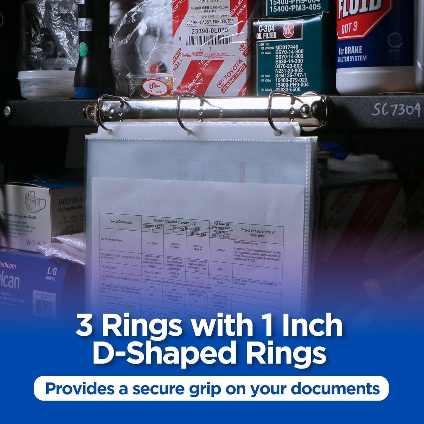 Magnetic 3 Ring Binder Locking Mechanism – 10 Pack – for Hanging 8.5 x 11 Inch Sheets of Paper – 3 Rings – 1 Inch D Shaped Rings – 5S Visual Aid - 50 Sheet Protectors Included