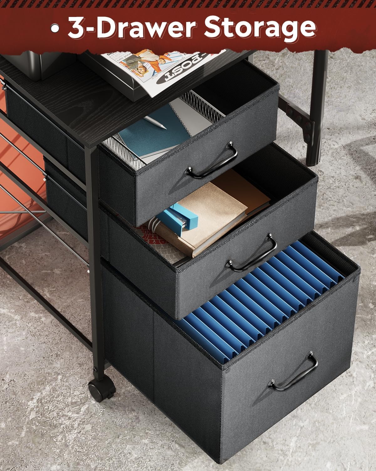 DEVAISE Mobile File Cabinet, Rolling Printer Stand with 3 Drawers, Fabric Vertical Filing Cabinet fits A4 or Letter Size for Home Office, Black