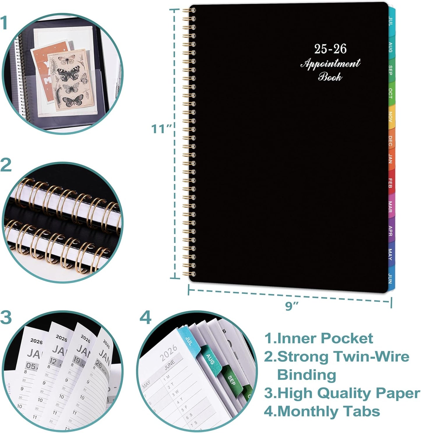 2025-2026 Weekly Appointment Book & Planner - July 2025 - June 2026, 2025-2026 Daily Hourly Planner, 9" x 11", Half Hour (30 Mins) Interval, Colorful Monthly Tabs, Lay-Flat, Inner Pocket