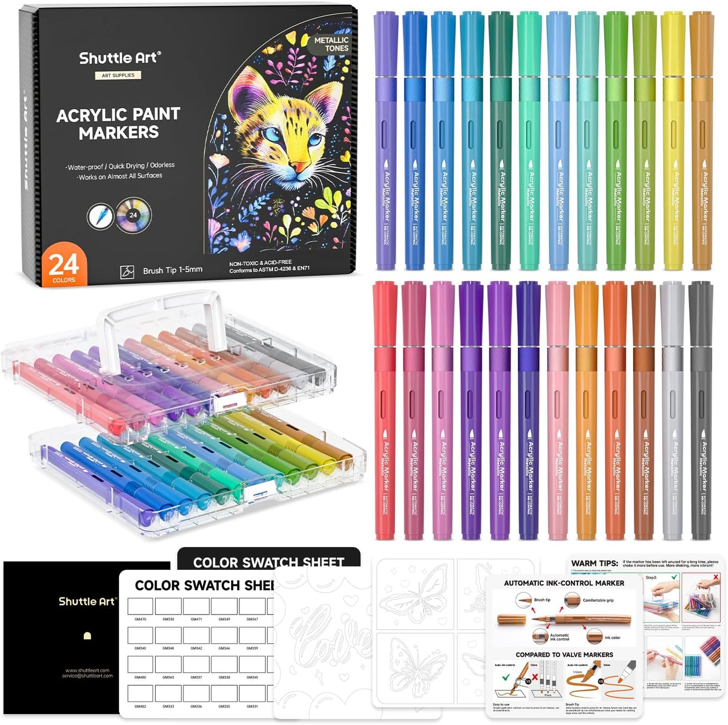 Automatic Ink Control Acrylic Paint Markers, Shuttle Art 24 Metallic Colors Brush Tip Acrylic Paint Pens for Rock Painting, Ceramic, Wood, Canvas, Glass, Stone, Fabric, Card Making, DIY & Art Supplies