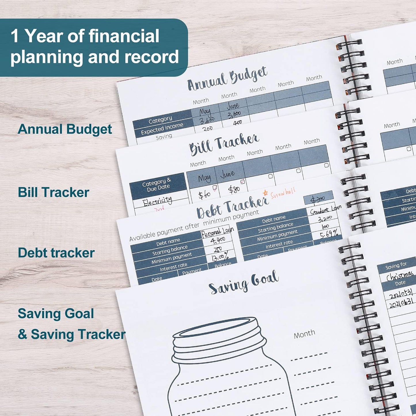 Soligt Budget Planner 2025-2026, Monthly Budget Book Bill Organizer with 12 Pockets, Undated Home Financial Money Expense Saving Debt Tracker Notebook, 1 Year, Blue Floral, Spiral Design