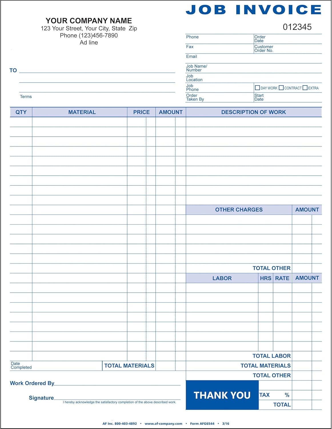 Job Invoice, 2 Copy (Duplicate), 8.5"x11" - Personalized for Free (100 Forms)