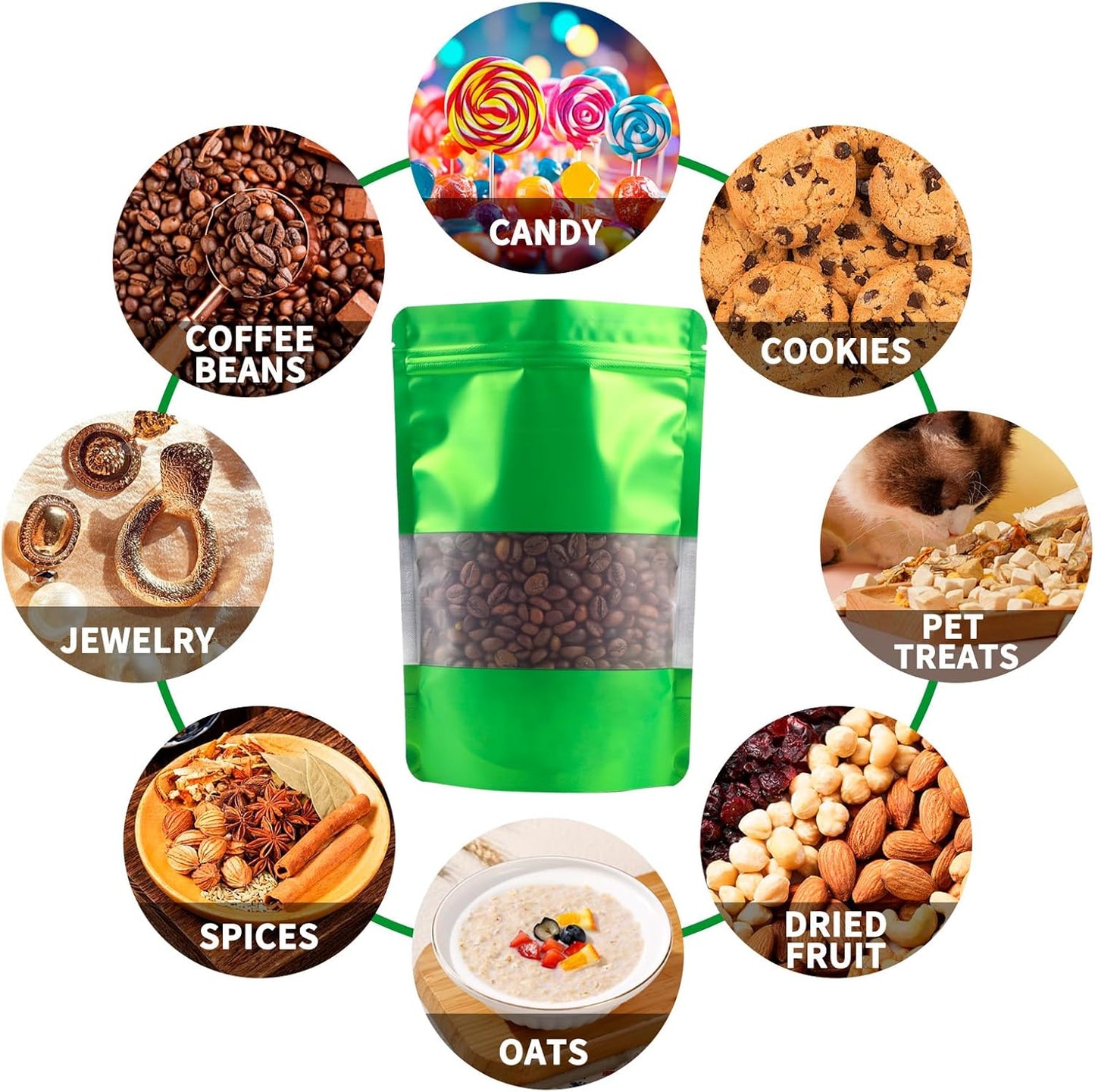 100 Pack Smell Proof Bags, Resealable Green Mylar Bags with Matte Window, Foil Pouch Stand Up Sealable Bags for Packaging, 6.29 × 9.44 Inch