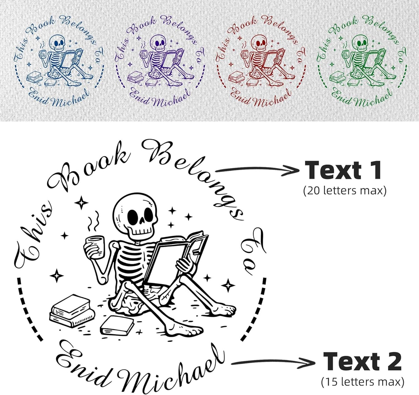 Skull Themed Library Book Embosser， Custom Book Business Card Paper Document Notebook，Self Inking Stamp，Book Lover Gifts，Christmas Gifts (Style07)