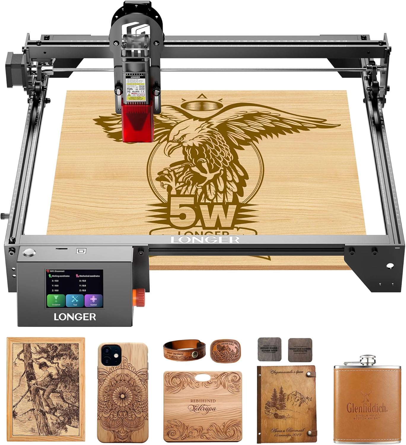 LONGER RAY5 Laser Engraver, 5W Laser Engraving Cutting Machine for Metal and Wood, 3.5-inch Color Touch Screen, Offline Engraving/Cutting