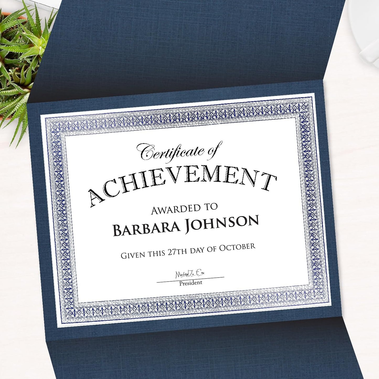 Certificate Holders - Tri-Fold Navy Linen 9.25x12.5 Inches - Embossed Die-Cut 80 lb Cover Stock - Silver Medallion Foil Stamp - Ideal for Awards - 218 GSM Document Holder