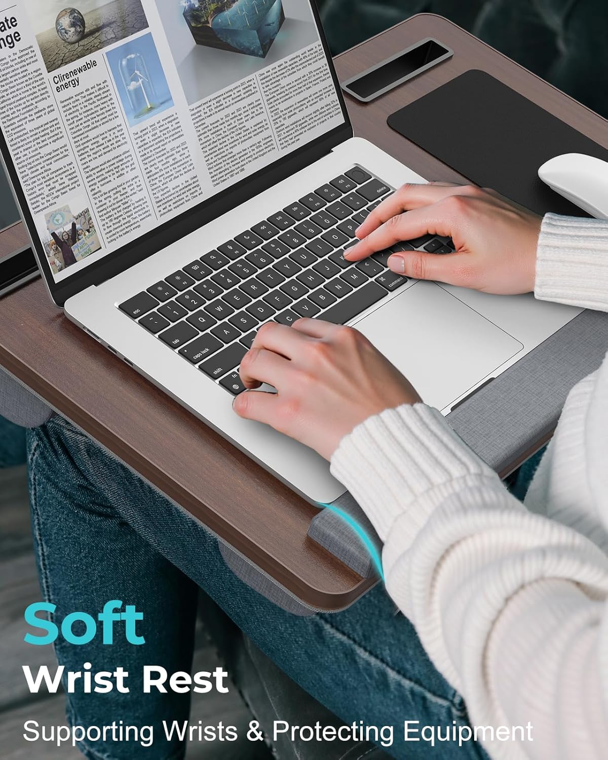 Lap Desk - Up to 17” Laptop Tray with Wrist Rest, Portable Handle, Fixed Mouse Pad, Tablet & Phone Slots, Laptop Lap Desk with Cushion (Dark Brown)