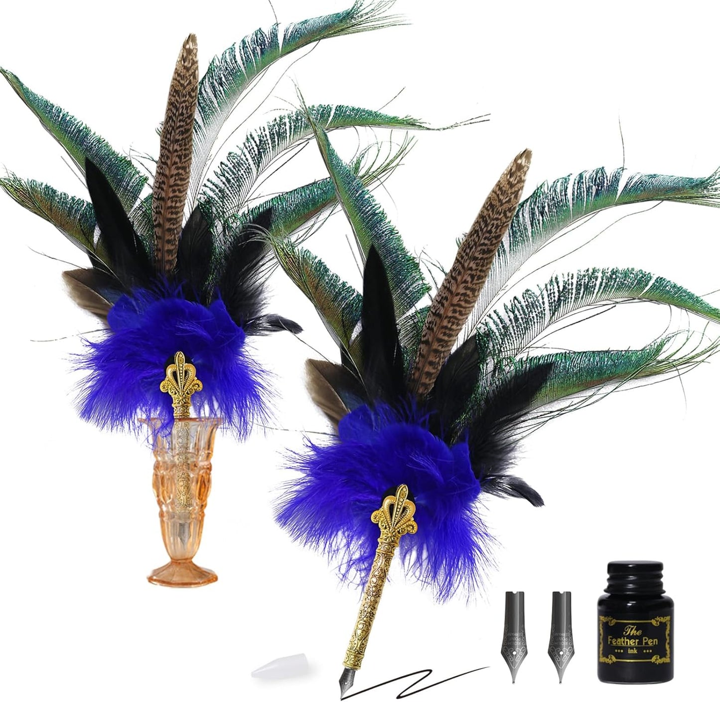 CROWN GUIDE Luxury Feather Pen with Black Ink Set - 13.8" Peacock Fancy Quill Fountain Pen for Writing Calligraphy, Wedding Nikkah Pen for Guest Book Journaling Gift, Blue