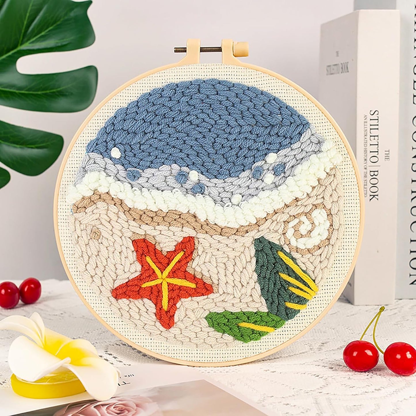 Punch Needle Kits Adults Beginner DIY Hawaiian Style 8 in Hoop Embroidery Set Starter Punch Needle Tool for Art Crafts, Ideal for All Ages, Perfect Festival Decoration & Gift (Summer Beach)