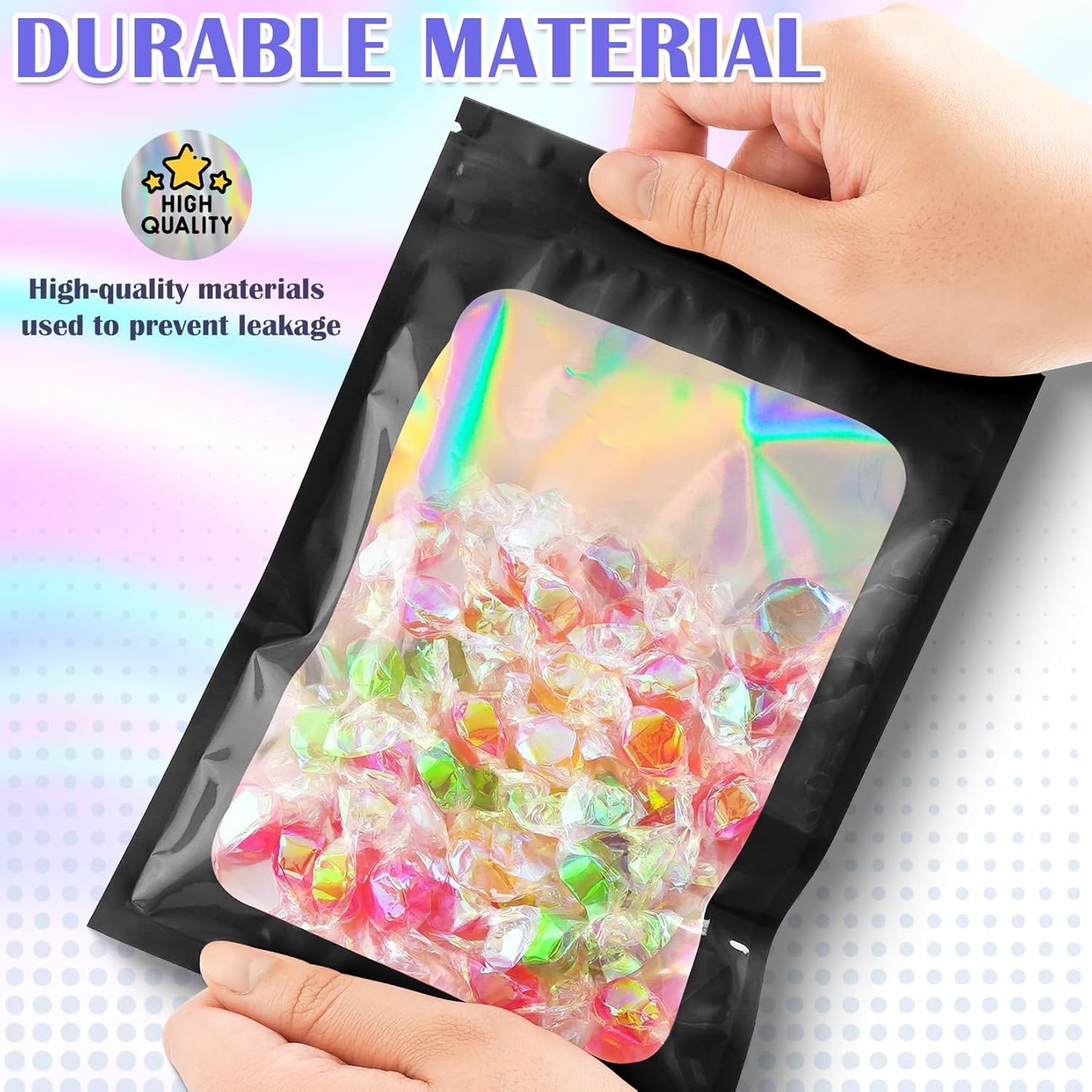 300 Pcs Mylar Bags, Smell Proof Bags Foil Pouch, Holographic Resealable Bags for Small Business, Candy Sample Jewelry Bag Sealable Packaging for Party Favor Food Storage (4x6in-Black)