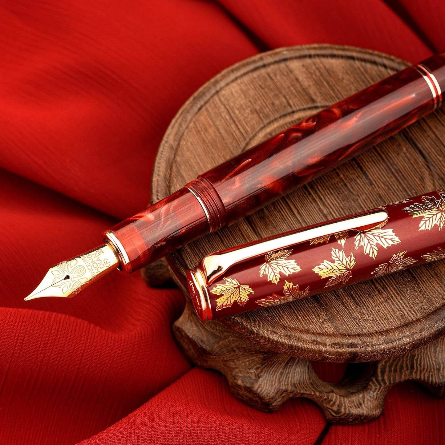 Hongdian N8 Fountan Pen, Iridium Fine Nib, Rose Gold Trim Maple Leaf Carving Cap Red Acrylic Resin, Smooth Writing Pen with Converter and Metal Pen Box Set
