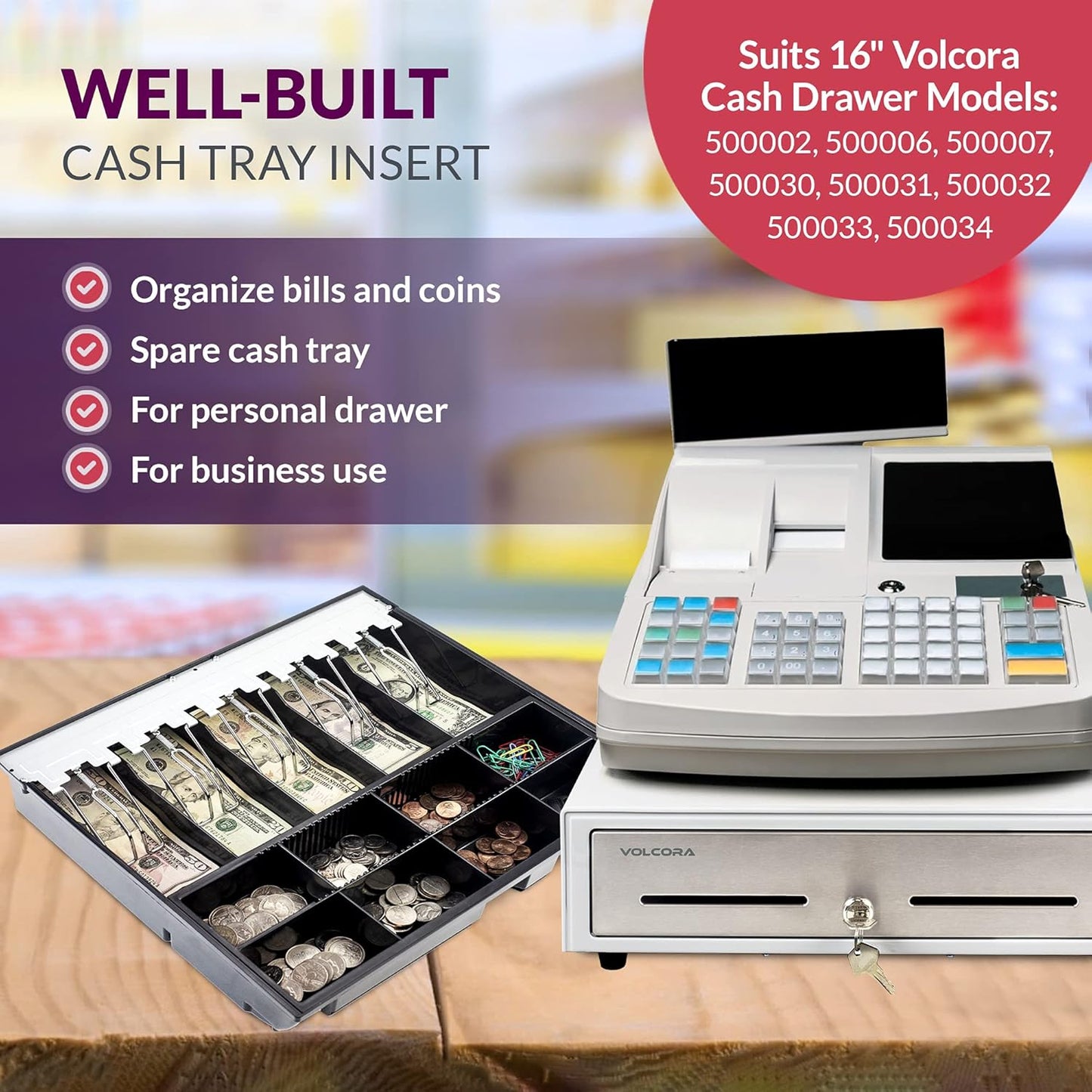 Volcora Cash Drawer Tray - 14.1 x 13 x 2.5 Inch Cash Register Insert - 5 Bill / 8 Coin Replacement Cash Tray - Stainless Steel Currency Compartment - 16" Cash Registers with Fully Removable Tray