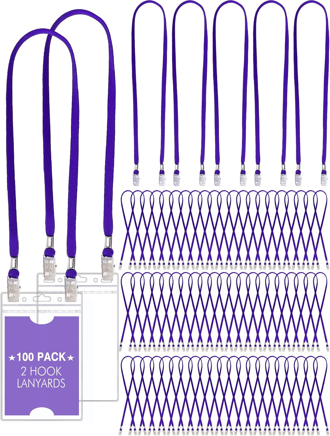 Patelai 100 Pack Double Clip Lanyards Bulk Face Mask Lanyard Twist Free 2 Hook Design Adjustable Badge Neck Strap for Conference Office Class Essential Back to School Gifts ID Card Keychain (Purple)