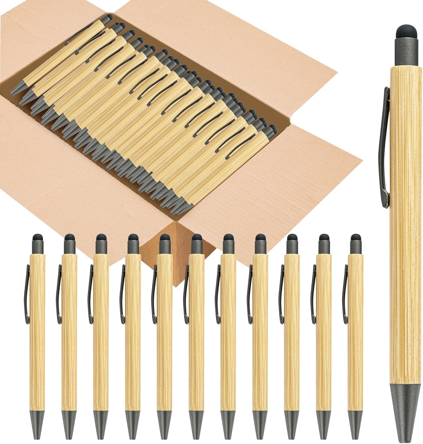 100pcs Bamboo Pens Bulk with Touch Stylus Tip Wooden Bamboo Pens Engraving Wooden Ballpoint Pen Customizable Gift Pen Bulk Grey