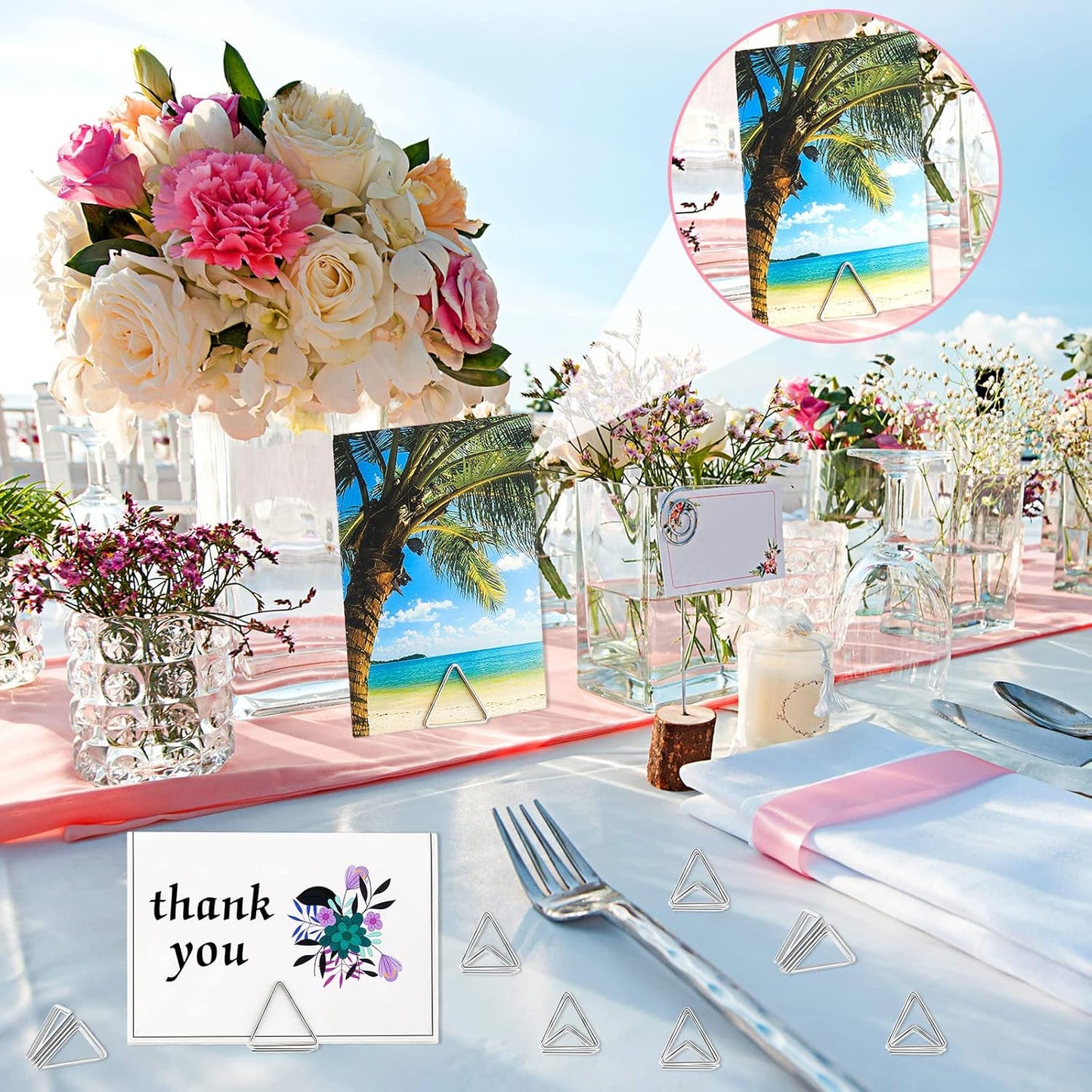 Eersida 60 Pieces Table Number Holder Place Samll Triangle Shape Name Numbers Table Photo Picture Holder Stand Clip for Wedding Baby Shower Party, Suitable for Small Card(Silver)