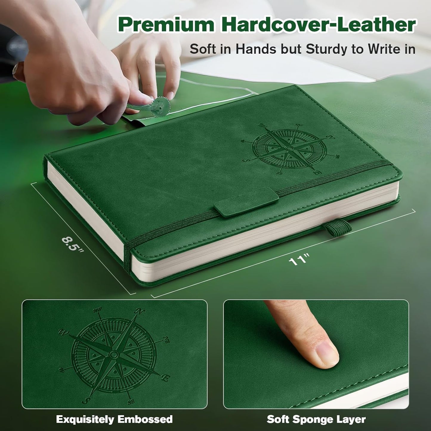 Notebook Journal for Women Men: Leather Journal for Writing, Hardcover College Ruled Journals Notebooks with Thick Paper, Large A4 Daily Journal for Travel, Diary, Gifts for Teens, 8.5"×11", Green