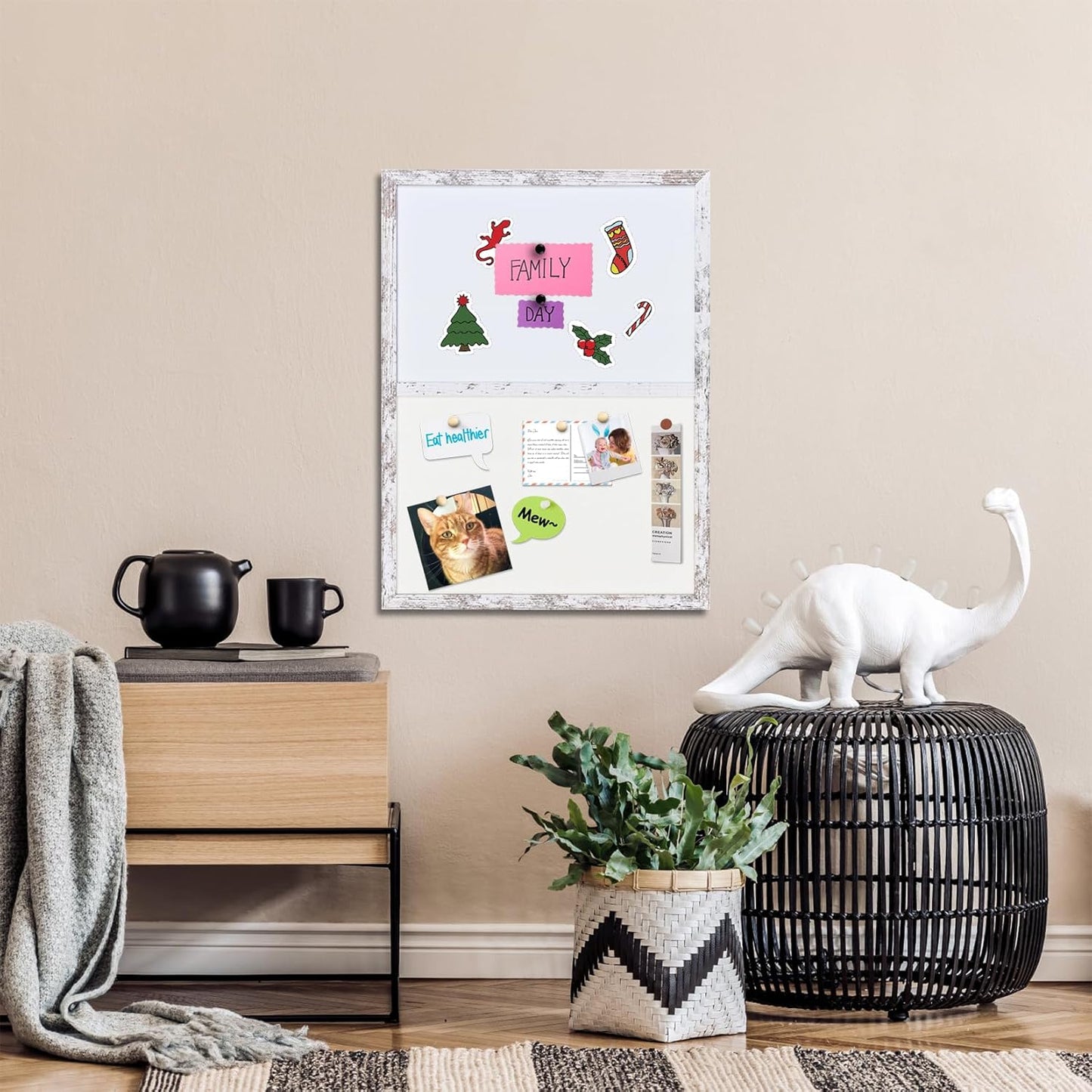 Bulletin Board Whiteboard White Felt Board Combo for Office School Kitchen Bedroom, White Wood Frame,17.7"*23.6",Whiteboard+WH-4560WH