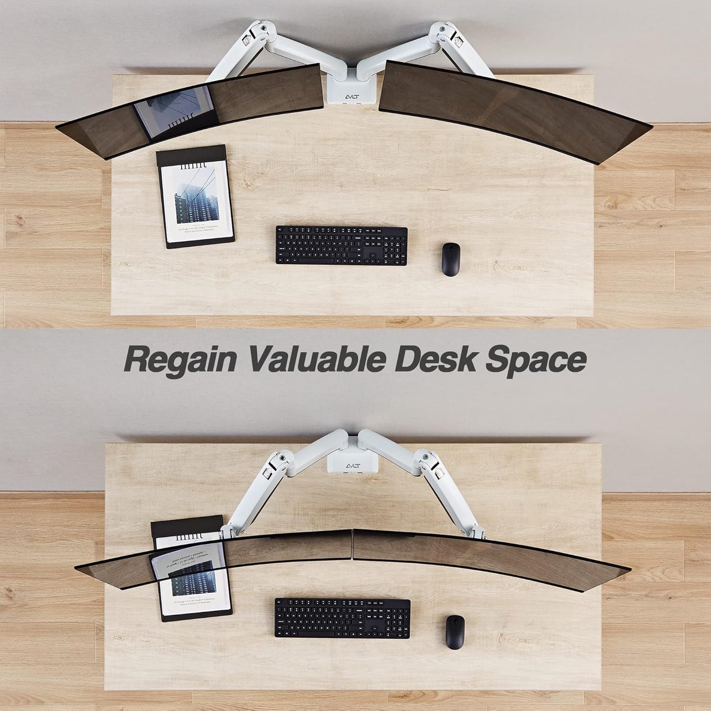 AVLT Dual 13"-43" Monitor Arm - Desk Mount for Two Flat/Curved Monitors - Full Motion Height Swivel Tilt Rotation Adjustable - White/VESA/C-Clamp/Grommet/Cable Management