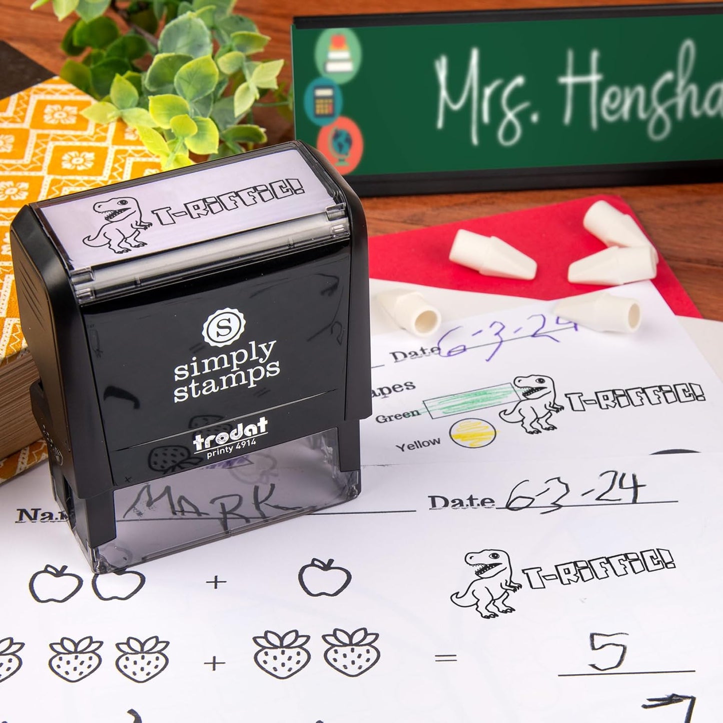 Custom Self-Inking T-Riffic! Teacher Stamps | 49 Fun Designs | Classroom & Library Stamps (Xtra Wide)