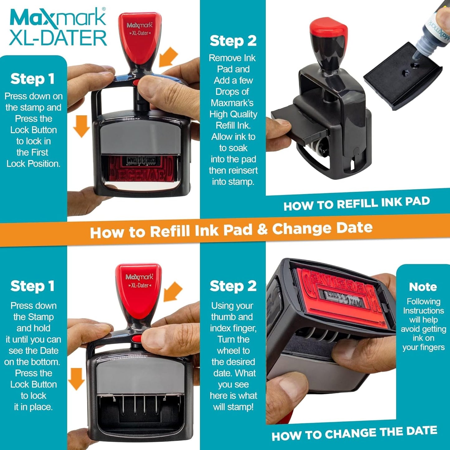 MaxMark Heavy Duty - Style 5 - Date Stamp with Received - Self Inking Stamp - 2 Color Blue/Red Ink