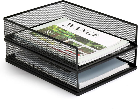 Wire Mesh Letter Trays Paper Tray Desk File Organizer, 2 Pack Stackable Metal Front-Load Documents Tray for Office Supplies File (Lengthways)