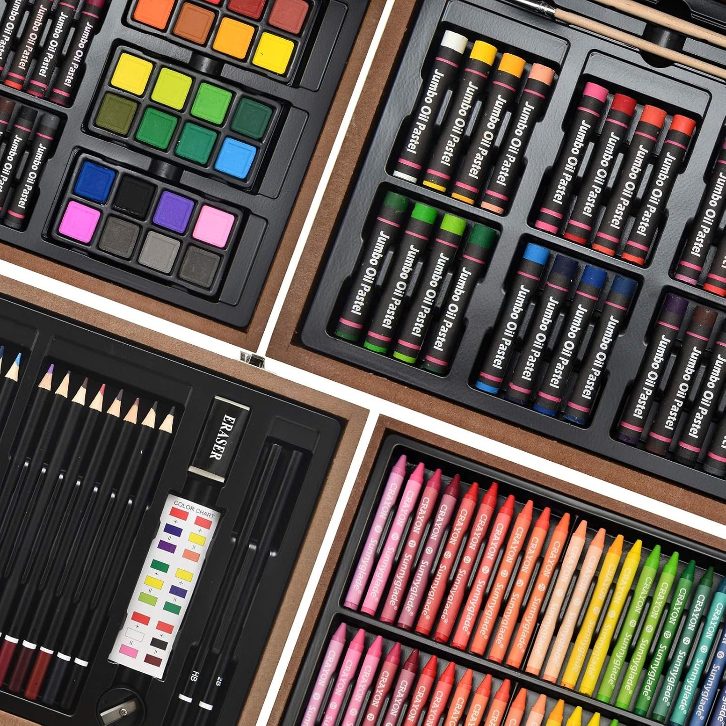 Sunnyglade 145 Piece Deluxe Art Set, Wooden Art Box & Drawing Kit with Crayons, Oil Pastels, Colored Pencils, Watercolor Cakes, Sketch Pencils, Paint Brush, Sharpener, Eraser, Color Chart (Tan)