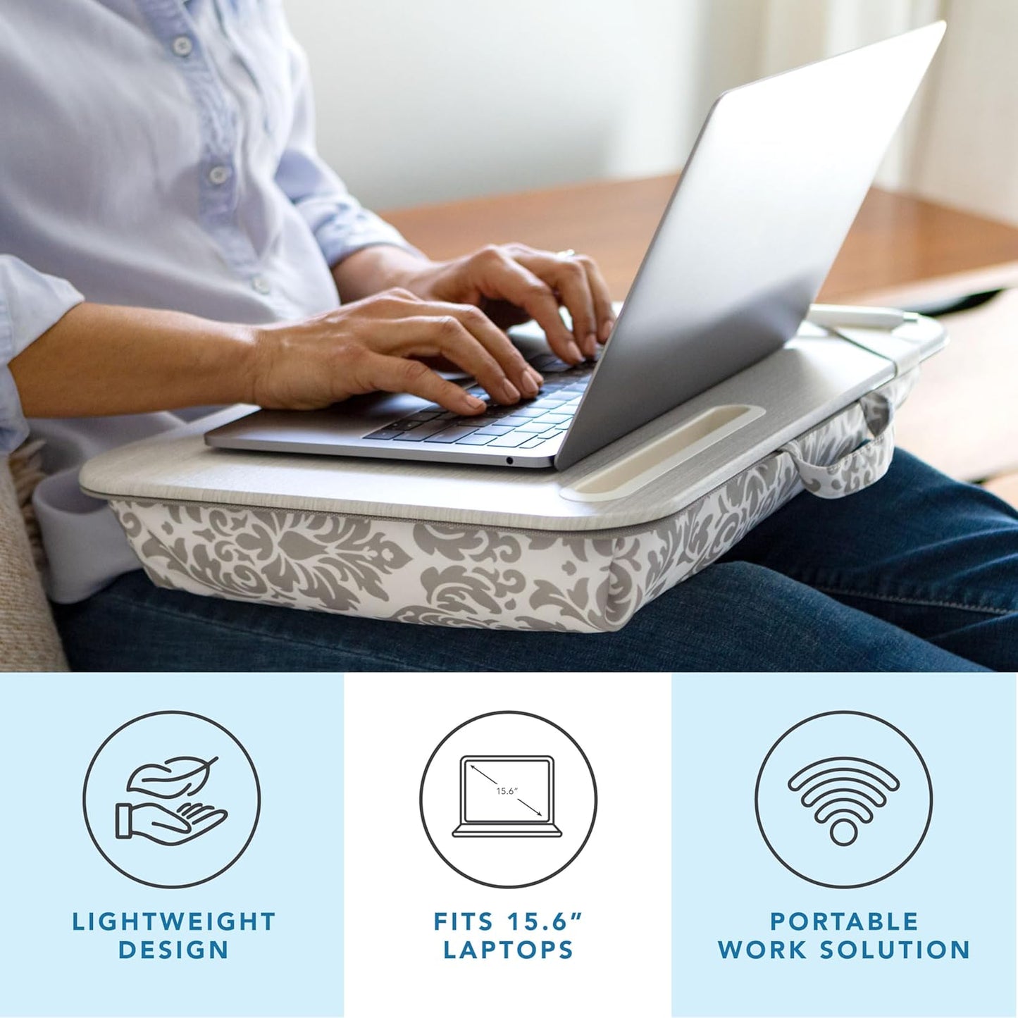 LAPGEAR Designer Lap Desk with Phone Holder and Device Ledge - Gray Damask - Fits up to 15.6 Inch Laptops - Style No. 45424