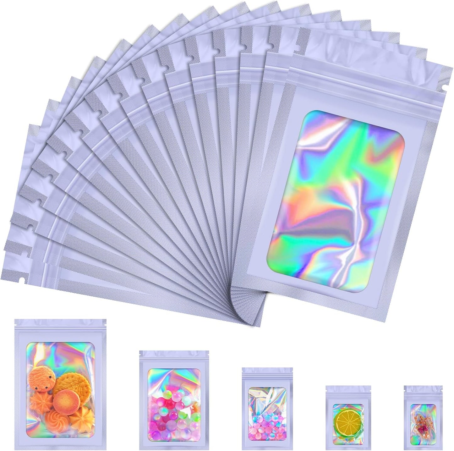 100 Pcs Mylar Bags, Smell Proof Bags Foil Pouch, Holographic Resealable Bags for Small Business, Candy Sample Jewelry Bag Sealable Packaging for Party Favor Food Storage (4x6in-Purple)