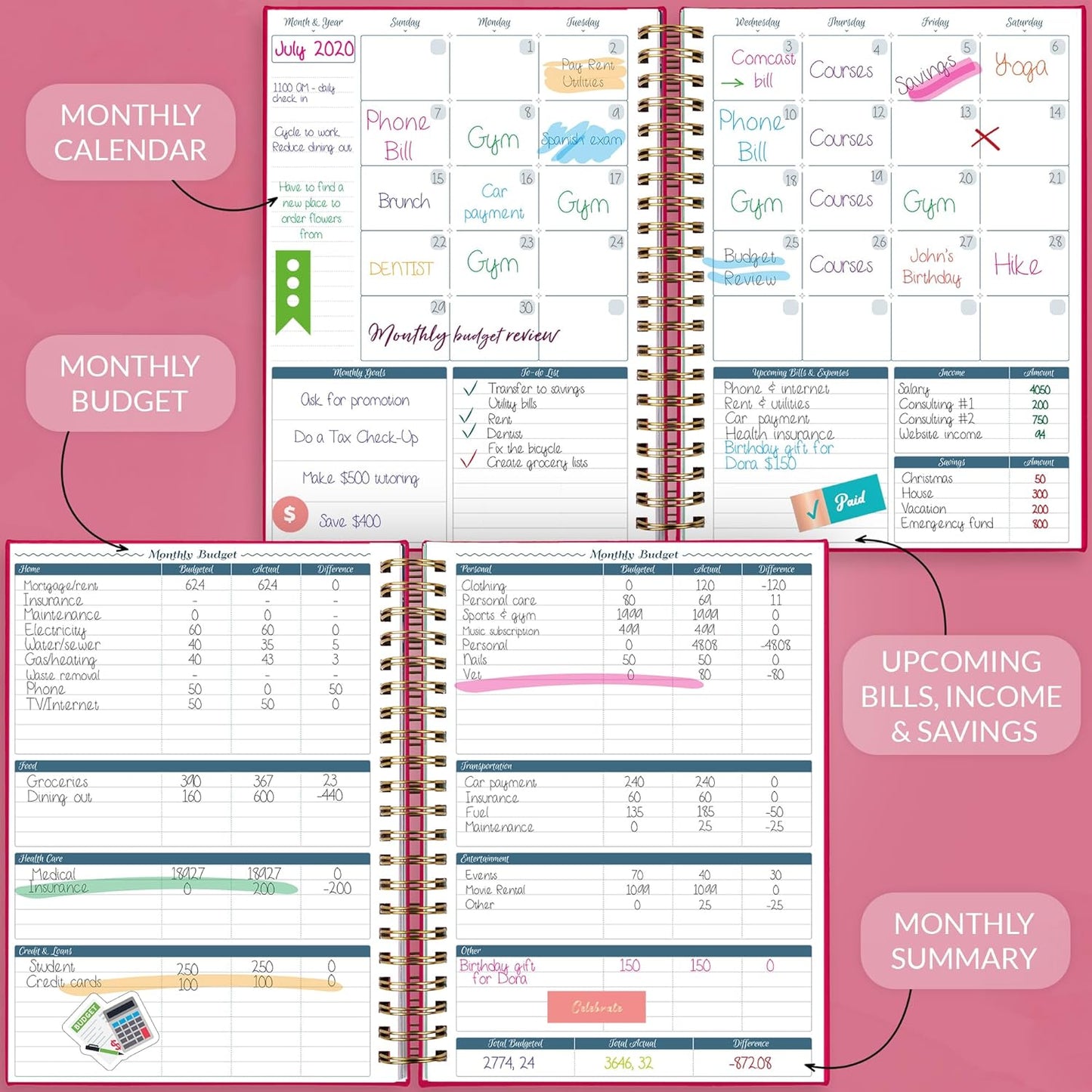 GoGirl Budget Planner & Monthly Bill Organizer – Monthly Financial Book with Pockets. Expense Tracker Notebook Journal, Large (Hot Pink)