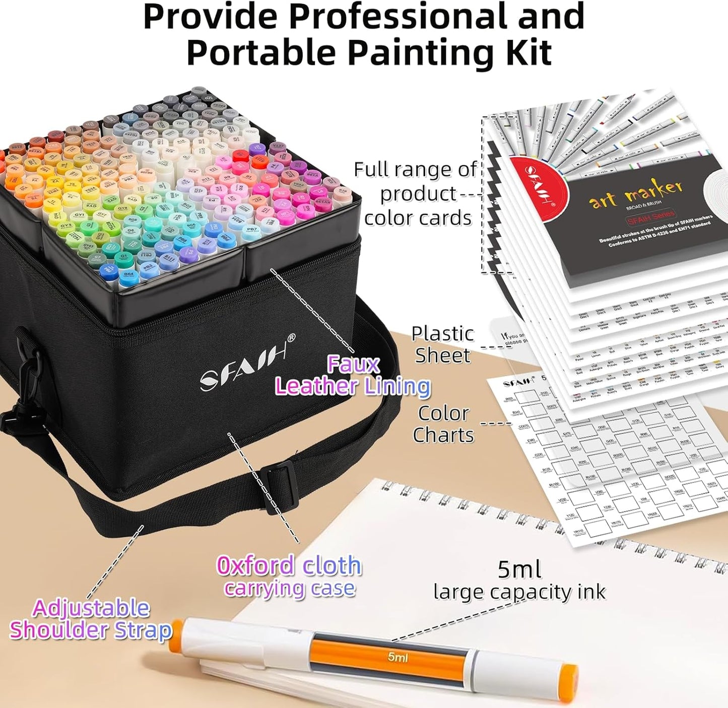 SFAIH Alcohol Markers Brush & Fine - 168 Colors Double Tipped Art Markers for Adult Coloring Illustration, Gifts for Artist Adult - Adjustable Shoulder Strap & Faux Leather Lining & Outer Zip Pocket