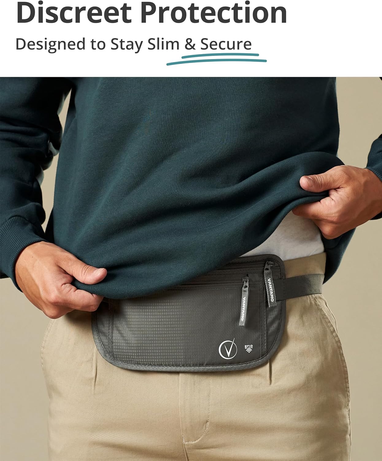 Vantamo Hidden Money Belt For Extra Safety, RFID Ultra-Thin Fanny Pack, 2 Compartment Money Bag Fits Passport & Phone