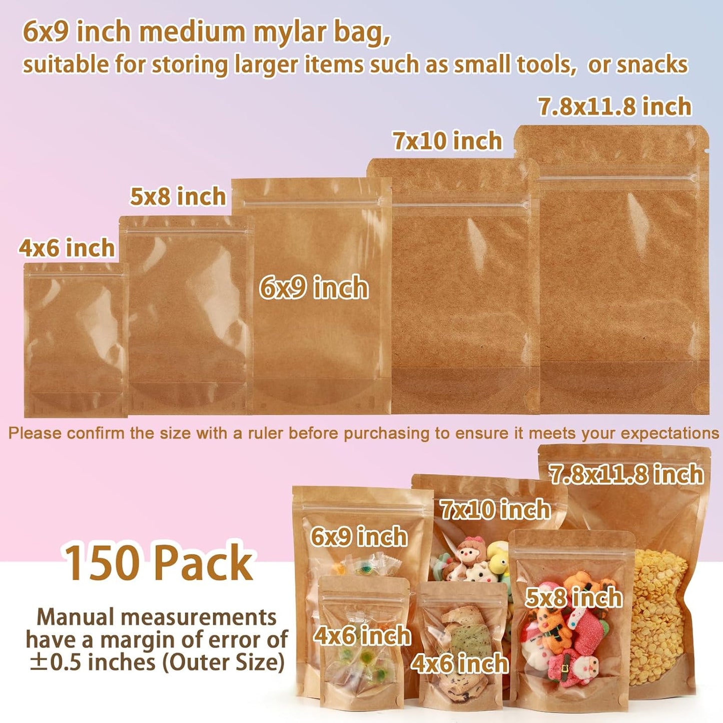 150-Pack Kraft Paper Bags with Clear Window 6" x 9" Reclosable Small Stand Up Mylar Bags for Food Storage Resealable Smell Proof Pouch, Edible Packaging, Reusable bags for Small Business