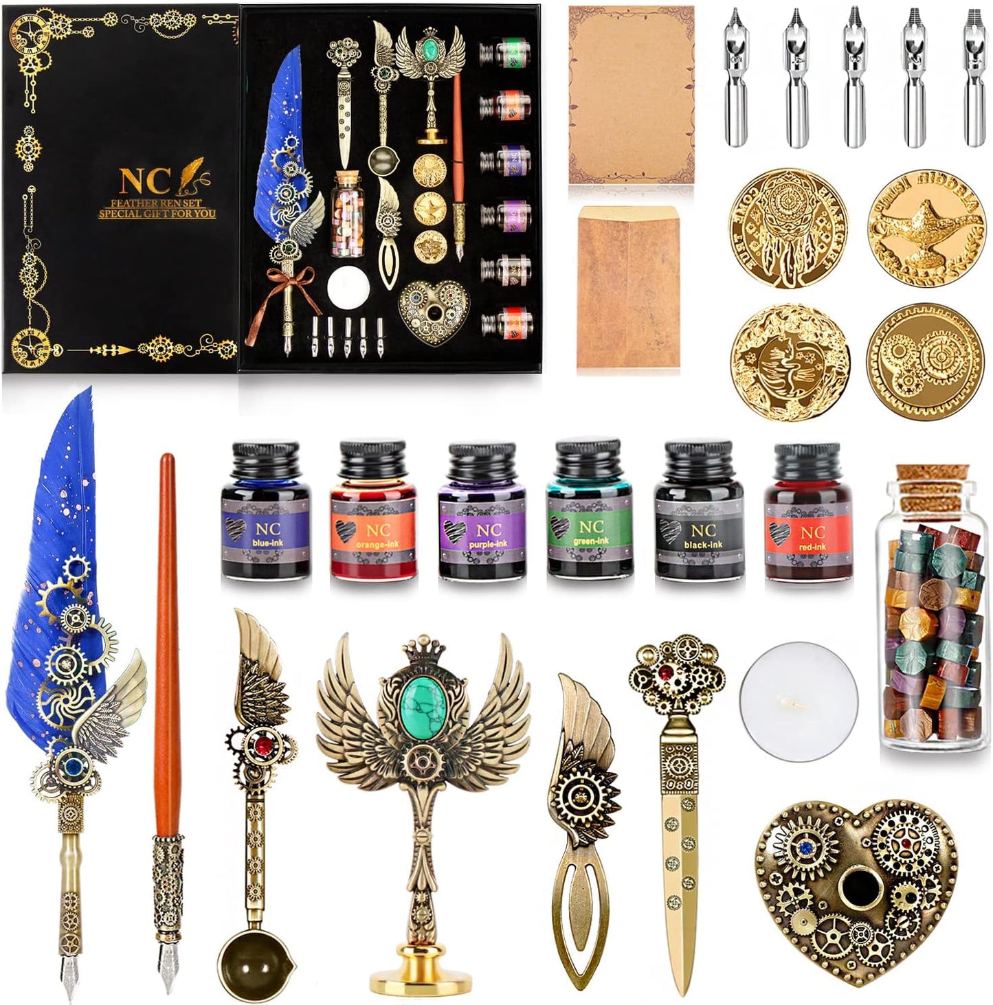 NC Quill & Feather Calligraphy Pen Set, Wax Seal Stamp - Valentine's & Birthday Gift, Ideal for Various Holidays (Blue)