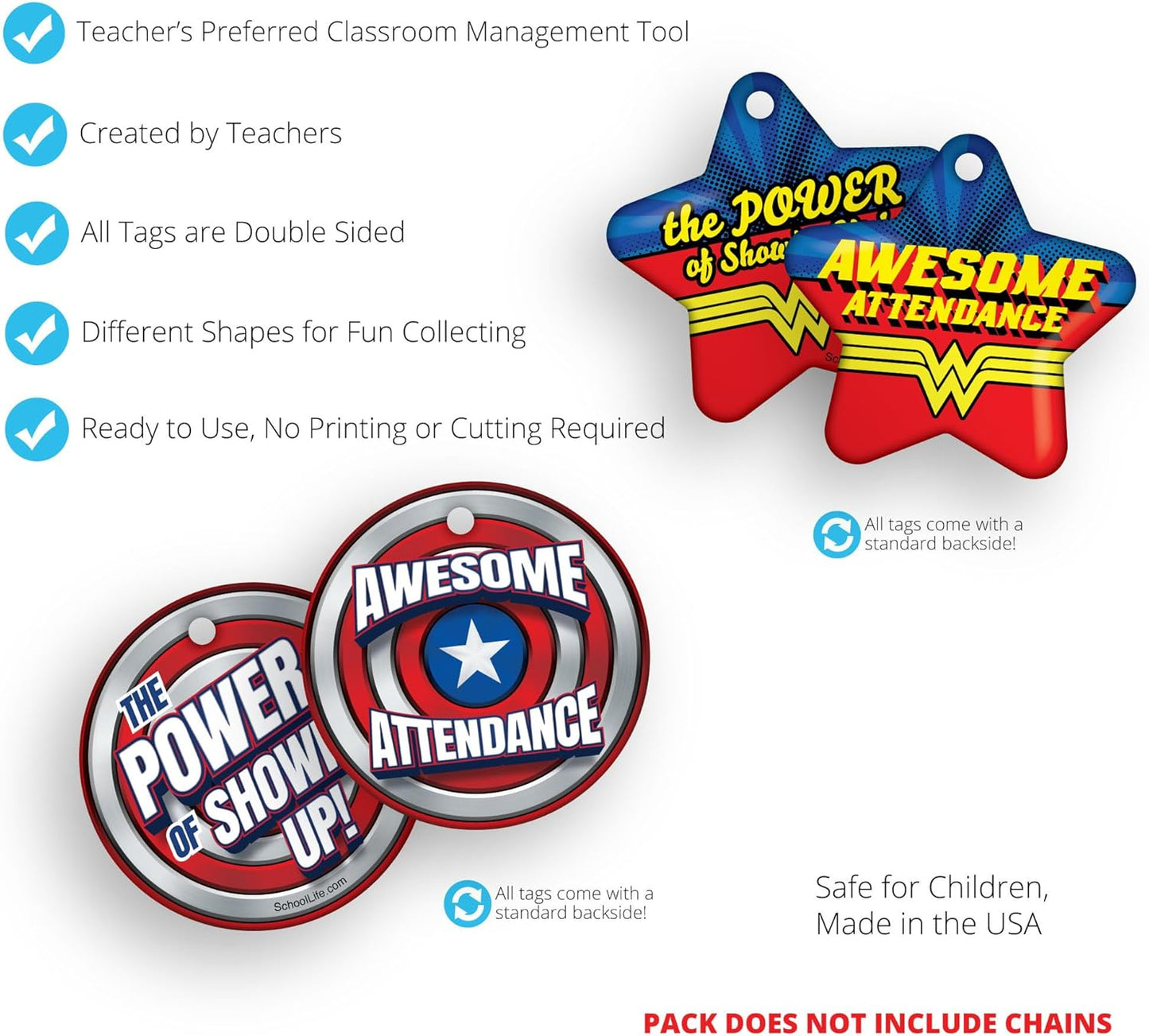 Awesome Attendance Heroes Brag Tag Value Pack to Improve Student School & Classroom Attendance: 500 Tags (50 Tags for Each Design)