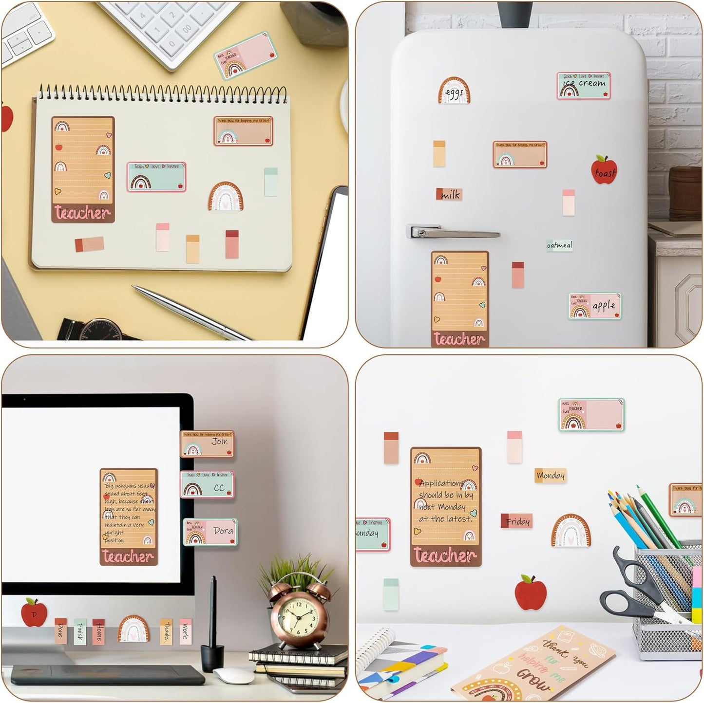 Xqumoi Boho Themed Teacher Sticky Notes Set, 550 Sheets, Thank You for Helping Me Grow Self-Stick Note Pads Teacher Appreciation Gift Writing Memo Pads Page Marker Back to School Supplies (Brown)
