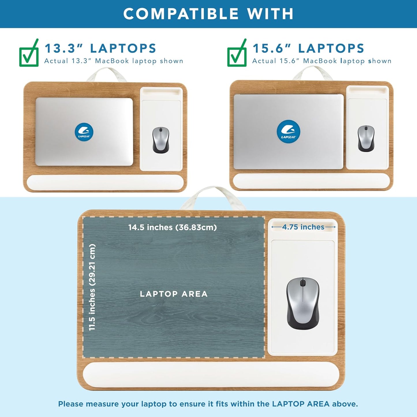 LAPGEAR Home Office Pro Lap Desk with Wrist Rest, Mouse Pad, and Phone Holder - White Oak Woodgrain - Fits up to 15.6 Inch Laptops - Style No. 91609