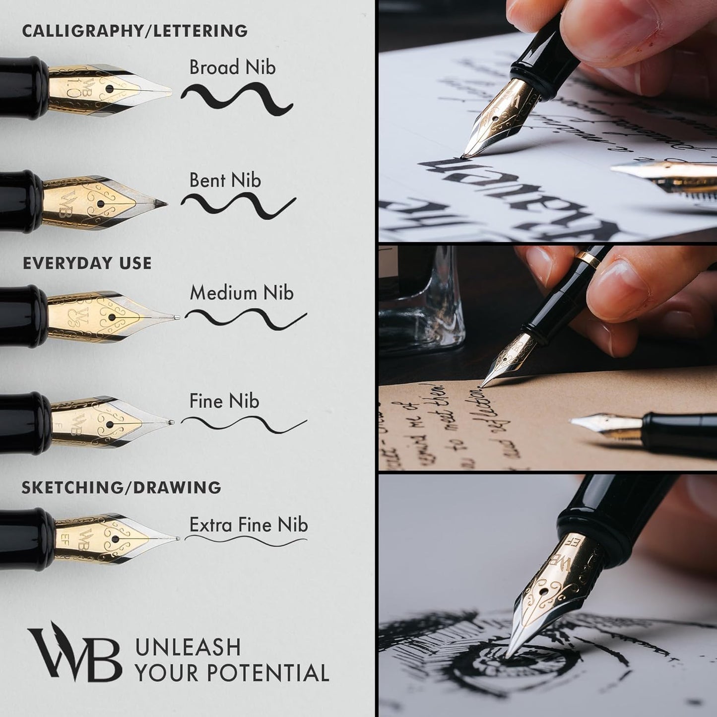 Wordsworth & Black Fountain Pen Set, 18K Gilded Bent Nib, Includes 24 Pack Ink Cartridges, Ink Refill Converter & Gift Box, Gold Finish, Calligraphy, [Silver Gold], Perfect for Men & Women